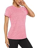 TACVASEN Damen T-Shirt Atmungsaktiv O-Neck Schnell Trocknend Stretch Kurzärmelige Angeln Wandern Fahrrad mit Rundem Ausschnitt (XXL, Rosa)