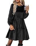 Zeagoo Damen Langarmkleid Elegant Herbst Winter Kleider Rundkragen Einfarbig A Linie Swing Minikleid Velvet Dress Partykleid Schwarz S