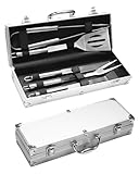 5PCS Edelstahl Grillset für Geschenk - BBQ Grillbesteck Set Edelstahl Grillzubehör-Set Grillset Für Männer Geschenk 37 x 12 x 7 cm in Aluminiumkoffer verpackt für Grillen und Camping Braun