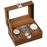 Uten Uhrenbox mit 3 Fächern, Uhrenbox mit Glasabdeckung, Uhrendisplay Aufbewahrungsbox für Damen und Herren, Braunes PU, Braunes Samtfutter, Geschenkidee