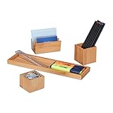 Relaxdays Schreibtisch Organizer, Büro Set 4-teilig, Stiftehalter, Ablage, Briefhalter, Utensilien Schale, Bambus, Natur, H x B x T: ca. 6,8 x 30,5 x 8,5 cm