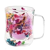 Doppelwandiger Glasbecher – Getrocknete Blumen Glas-Kaffeetasse | doppelwandige Tassen | 400 ml klares Blumenglas für Tee und getrocknete Blumen | hitzebeständig mit Griff für Tee und heißen Kaffee