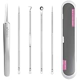 5 Stücke Pickel Ausdrücken Werkzeug, Mitesserentferner Komedonenquetscher Set, Edelstahl Pickelentferner, Porenreiniger Werkzeug mit Aufbewahrungsbox zur effektiven Mitesserentfernung