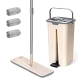 Wischmopp Set mit Eimer, Masthome Kompaktes Wischmopp und Eimer mit Auswringer, mit 3 Mikrofaser Wischpads und Edelstahlgriff,2 in 1 Bodenwischer Set freihändig für Holzböden, Fliesen und Marmor