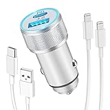 Zigarettenanzünder USB Adapter mit Lightnings Ladekabel, 38W 2-Port (PD/QC) Kfz Ladegerät und 2X 1m Kabel, 12V/24V Auto für iPhone 14/13/12/11/Pro/Max/Plus/mini/SE