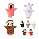 Relaxdays Handpuppen für Kinder, 8er Set Tiere, AFFE, Einhorn, Faultier, Flamingo, Handspielpuppen, weiches Plüsch, bunt