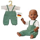 Heless 1416 - Puppenkleidung aus Musselin, 100% Bio-Baumwolle, 2-teiliges Set mit Latzhose in Salbeigrün und weißem T-Shirt für Puppen und Kuscheltiere der Größe 28-35 cm