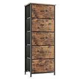 Kommode mit 5 Schubladen, Schubladenschrank aus Stoff, Hoch Schmal Kommoden & Sideboard, Aufbewahrungsschrank für Schlafzimmer Wohnzimmer Flur Möbel aus Metallrahmen Holztop, Vintage Rustikales Braun