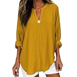 Damen 2026 Sommer Leinenhemd Langarm Option Button Down Verschluss Dressy Bluse Stil Casual Loose Fit Tunika für warme Tage, 1C-Gelb, 5XL