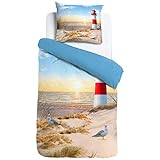 ESPiCO Wende Bettwäsche Sleep and Dream Leuchtturm Bunt Strand Möwe Sturmmöwe Vögel Ostsee Nordsee Sonnenuntergang Düne Renforcé, Größe:135 cm x 200 cm