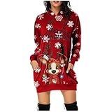 Qixiu weihnachtskleid,Kleid festlich Damen Weihnachten,Women's Christmas Wine Glass Deer Jumper Sweatshirt Dress Spitzenkleid Mädchen (Red, M)