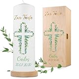 GRAVURZEILE Bedruckte Kerze - Taufkerze Eukalyptus Kreuz - brilliant bedruckte Kerze zur Taufe - Personalisiertes Taufgeschenk für Mädchen & Jungen - Hochwertige Stumpenkerze 250/80 mm