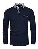 VHUQGVU Poloshirt Herren Langarm Baumwolle Basic Klassische Kontrastfarbe Streifen Stitching Casual Männer Hemd Golf Sport T-Shirt,Blau,L