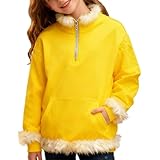 Weihnachten Half Zipper Pullover Mädchen Junge𝗻 Winter Warm Thermo Stehkragen Weihnachts Sweatshirt mit Fluffy Trim Kinder Kleinkind Fleece Gefütterte Cute Fashion (Yellow, 6-7 Years)