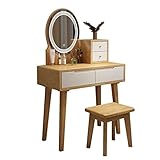 Schminktisch-Set aus Massivholz mit 4 Schubladen, Hockerleuchten und ovalem Spiegel, nordischer Stil, für Schlafzimmer, Make-up (Holz/Weiß)