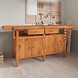 Hobelbank aus Holz mit Schrank, Schraubstöcken und Schubladen, Werkzeugbank Werkbank Werktisch Arbeitsbank Tischlerbank Holzwerkbank, 192x62x83 cm