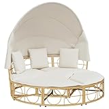 Gecheer Outdoor-Loungebett mit Dach und Kissen, Sonnenbett, Gartenliege, Relaxliege, Gartenmöbel Liege Poly Rattan