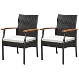 KOMFOTTEU 2er Rattan Gartenstuhl Set, Terrassenstuhl mit Armlehnen aus Holz, Rattanstuhl mit abnehmbarem Kissen & Rückenlehne, Balkonstuhl bis 180 kg belastbar für Balkon Terrasse