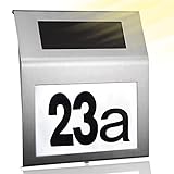 Meision Hausnummer Beleuchtet Solar Edelstahl Hausnummer mit 2 LEDs Solarhausnummer für Außen mit Dämmerungsschalter IP65 Wasserdicht mit Nummern 0-9 und Buchstaben a-h