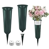 2PCS Grabvaseneinsatz Kunststoff, Grabvase Mit Erdspieß, Dauerhaft Vaseneinsatz Friedhof, Steckvasen Für Gräber, Friedhofsvase Friedhof, Höfe, Gräber Gartendekorationen (Grün)