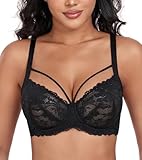 DotVol Damen Große Größen Minimizer BH Durchsichtige Ungepolsterte Spitze Unterwäsche Alltag Bra mit Schnürung(Schwarz, 95D)