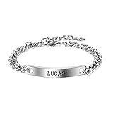 PiercingJak Edelstahl Armband mit Gravur Namen ID Armband Herren Panzerkette Armkette Personalisierte Geschenke für Mann, Silber Herrenarmband