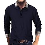 HMIYA Herren Poloshirt-Langarm Karierter Kragen Poloshirt aus Baumwolle atmungsaktiv Golf Casual T-Shirt,Navy,L