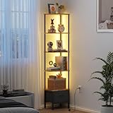 OYRREU Bücherregal mit 5 Ebenen, Regal mit LED-Beleuchtung und Stoffschublade, 172 cm schmales vitrine für Ecken, Wohnzimmer, Schlafzimmer, Eckregal, Retro-Braun