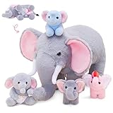 OUOZZZ 5 Stück Elefant Kuscheltier Set, Weich Elefant Plüschtier mit 4 Baby Elefanten Stofftiere im Bauch - Baby Geburtstagsgeschenk für Kinder