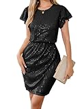 GRACE KARIN Damen Kurzarm Bleistiftkleid Rundhalsausschnitt Pailletten Partykleider Schwarz XXL