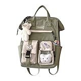 Kawaii Rucksack Damen Laptop Rucksack Große Kapazität Preppy Style Reiserucksack Lässiger Reißverschluss Arbeit Büchertaschen Niedlich mit Abzeichen Bär, grün