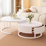 SeraphicCharm Couchtisch Rund Weiss 2er Set 50+70cm Runder Couchtisch Marmor Mit Stauraum Modern Wohnzimmertisch Weiß Mit Holz Schublade Tisch Wohnzimmer Ausziehbar Satztische Fürs Wohnzimmer
