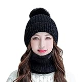 Warme Mütze Mit Ohrenklappen Damen Winter Winddichter Hut Ski Reiten Fleecewärmer Haarballenmütze Verstellbare Mütze und Schal Halstuch Warmer Kragen Set Outdoor Anzug Strickmütze (Black, One Size)
