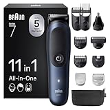 Braun All-in-One Trimmer-Set 7, 11-in-1 Multigroom, Barttrimmer, Nasenhaartrimmer, Haarschneidemaschine für Gesicht, Kopf und Körper, 120 Min Akku, 14 Längen (0.1–21 mm), Wasserdicht, AIO7540, Blau