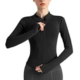 Sportshirt Damen Langarm, Gym T-Shirt Laufshirt mit Langer Reißverschluss, Leicht Fitness Oberteil Sweatshirt, Yoga Langarm Crop Top mit Daumenloch, Sportjacke für Frauen