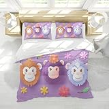 MOKOSAISE Light Purple Bettwäsche Set 3 Stück süßer und lustiger Affenkopf Bunte Blumen Bettwäsche Set mit 2 Kissenbezügen Reißverschluss & 4 Krawatten 230 x 230 cm