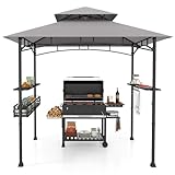COSTWAY Grillpavillon mit Doppeldach, Seitenregalen, Metallkorb, Haken und Flaschenöffner, Grillüberdachungen wetterfest, Grillunterstand für Garten, Außenbereich, 242 x 153 x 250 cm (Grau)