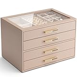 Vlando Schmuckkästchen Groß, Schmuckkasten mit 4 Ebenen, Schmuck Organizer mit Glasdeckel, 4 Schubladen,für Halsketten, Ohrringe, Uhren, Armbänder, Schmuckaufbewahrung, Modern, Milchkaffee