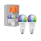 LEDVANCE Smarte LED-Lampe mit WiFi Technologie, Sockel E27, Dimmbar, Lichtfarbe änderbar (2700-6500K), RGB Farben änderbar, ersetzt Glühlampen mit 60 W, SMART+ WiFi Classic Multicolour, 2er-Pack
