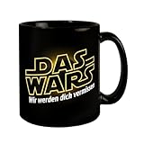 speecheese DAS WARS - Wir werden dich vermissen Kaffeebecher Humorvoller Kaffeebecher im von Science-Fiction gelbe Buchstaben auf schwarzem Hintergrund