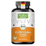 Raibu BIO Kurkuma mit Ingwer Kapseln mit Schwarzem Pfeffer - 180 Hochdosierte Curcuma Komplex Kapseln - Bio-Qualität, Ohne Zusätze & Vegan aus Deutscher Produktion