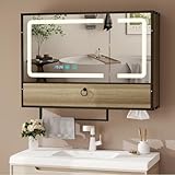 YU YUSING Spiegelschrank Bad mit LED Beleuchtung 80x60cm, Badezimmerschrank mit 6 Regal 2 Tür Handtuchhalter, Badschrank mit LED Badspiegel, Beschlagfrei, 3 Farben Dimmbar, Metallrahmen, Holzfarbe