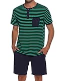 Leversic Schlafanzug Herren Kurz aus Baumwolle mit Kontraststreifen Design, Sommer Pyjama Set Oberteile und Kurze Hosen, Vater und Partner, Grün, L