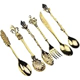 CAAXAINGJIAG Teelöffel Teelöffel Dessertlöffel 6 Teile/Satz Vintage Geschnitzte Kaffeelöffel Teelöffel Retro Zinklegierung Dessert Kaffee Geschirr Löffel Besteck Küche Gold