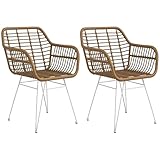 HOMCOM Esszimmerstühle 2er Set Küchenstuhl mit Rückenlehne, Kunstrattan-Optik, Sessel mit Fußpolster, Wohnzimmerstuhl, Stühle mit Stahlbeine für Esstisch, Hellbraun+Weiß