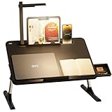 Tisch Bett Laptoptisch, SAIJI Bett Tisch mit LED Lampe, Höhen Winkel verstellbar, mit Buchständer, Schublade, Lap Stopper, Tablet Schlitz, Schlittenbeine