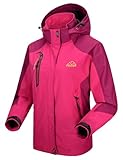 donhobo Jacken Damen Outdoorjacke Wasserdicht Windjacke Leicht Wanderjacke Atmungsaktiv Funktionsjacke Softshell Übergangsjacke mit Kapuze (Rose Rot, L)