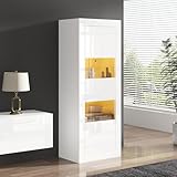 Merax Vitrinenschrank Glasvitrine Vitrine Schrank mit LED-Beleuchtung, Hochschrank Hochglanz Weiß mit 2 verstellbaren Glasböden, Sammlervitrine Bücherregal für Wohnzimmer, Schlafzimmer, Büro, 161cm