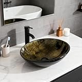 YU YUSING Waschbecken Glas Aufsatzwaschbecken Waschtisch, Rund Hand Waschschale mit Wasserhahn Set, Waschplätze für Badezimmer Küche Gäste WC, Modern Golden, 42x42x14 cm