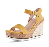 Coutgo Damen Espadrilles Keilsandalen Plateau offene Zehenpartie Knöchelriemen Sommer elegante Keilabsatz Schuhe, gelb, 40 EU